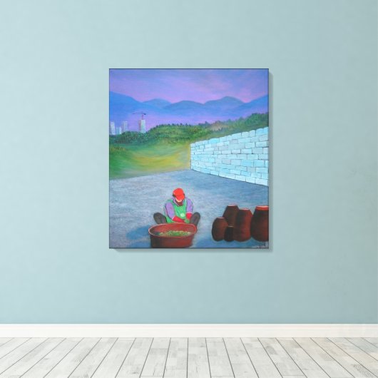 Eenzame vrouw maakt Kimchi in Korea Canvas Afdruk (Insitu (Houten vloer))