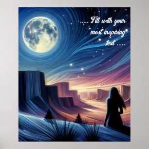 Eenzame vrouw zit naar de maan te kijken poster