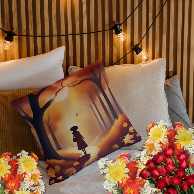 Eenzame wandeling Herfst, bosrijke scène groot Kussen (Beautiful, autumn-colored pillow of a classy  woman taking a stroll through the park)