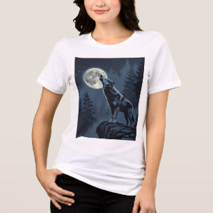 Eenzame Wolf die naar de Maan Huilt Nacht Bos Kuns Tri-Blend Shirt