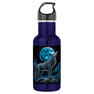Eenzame Wolf en Volle Maan Zwart en Blauw Waterfles