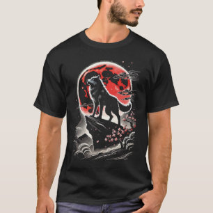 Eenzame Wolf In Rode Maan - Japanse Anime Tatoeage T-shirt
