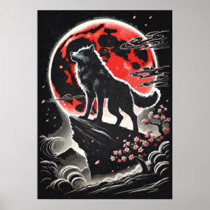 Eenzame Wolf In Rode Maan - Japanse Anime Tattoo K Poster