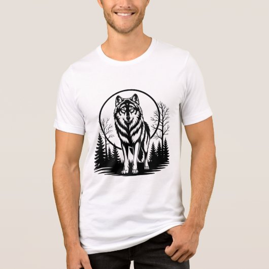 Eenzame Wolf Maan Oude Bos Natuur Houtsnede Tri-Blend Shirt (Voorkant)