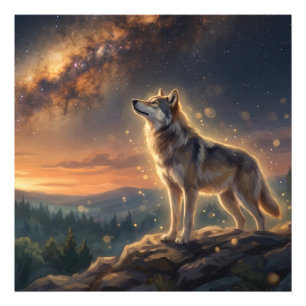 Eenzame Wolf Onder De Sterrenhemel Van De Melkweg Foto Afdruk