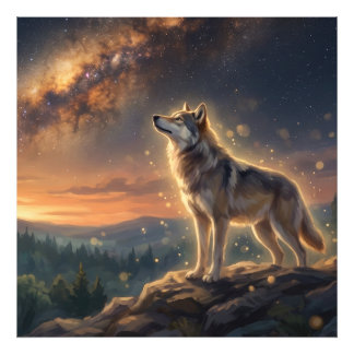 Eenzame Wolf Onder De Sterrenhemel Van De Melkweg Foto Afdruk