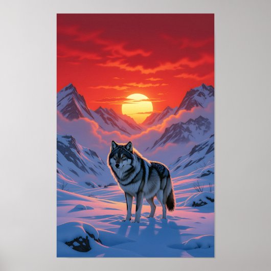 Eenzame Wolf Staat Tegen De Zonsondergang Poster (Voorkant)