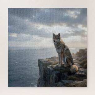 Eenzame Wolf Zit op een Rotsachtige Oceaanrots Legpuzzel