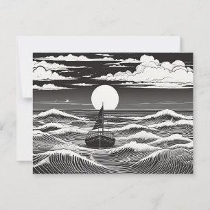 Eenzame zeilboot in maanverlichte golven boven de  briefkaart