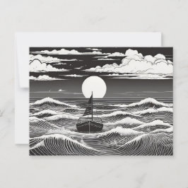 Eenzame zeilboot in maanverlichte golven briefkaart