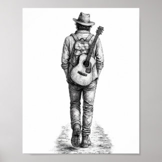 Eenzame Zwervers met Gitaar Potloodschets Muurkuns Poster