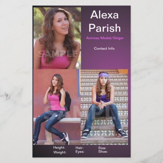 Eenzijdige Headshot Comp-kaart Model/Acteur Sjablo Flyer (Voorkant)