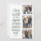 Eer aan God drie foto religieuze kerstgroen Feestdagenkaart (Voorkant)