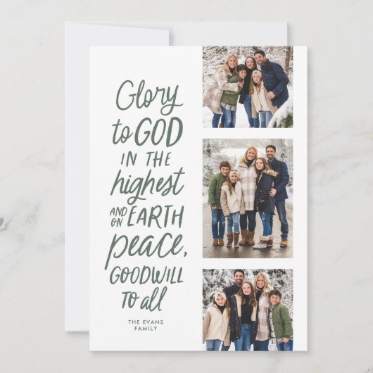 Eer aan God drie foto religieuze kerstgroen Feestdagenkaart (Voorkant)