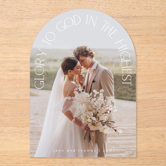 Eer aan God moderne boog foto religieuze Kerstmis Acryl Uitnodigingen (Voorkant)