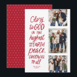 Eer aan God rode drie foto religieuze Kerstmis Feestdagenkaart<br><div class="desc">Eer aan God in de hoogste stand! Deze religieuze kerstkaart bevat drie foto's samen met het Bijbelvers uit Lucas 2:14 in een handgeschreven stijl. Deze drie foto Christelijke kerstkaart is ideaal voor het verzenden van zinvolle vakantie groeten. Het type op de voorkant is rood en de achterkant is een bijpassend...</div>