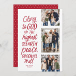 Eer aan God rode drie foto religieuze Kerstmis Feestdagenkaart<br><div class="desc">Eer aan God in de hoogste stand! Deze religieuze kerstkaart bevat drie foto's samen met het Bijbelvers uit Lucas 2:14 in een handgeschreven stijl. Deze drie foto Christelijke kerstkaart is ideaal voor het verzenden van zinvolle vakantie groeten. Het type op de voorkant is rood en de achterkant is een bijpassend...</div>