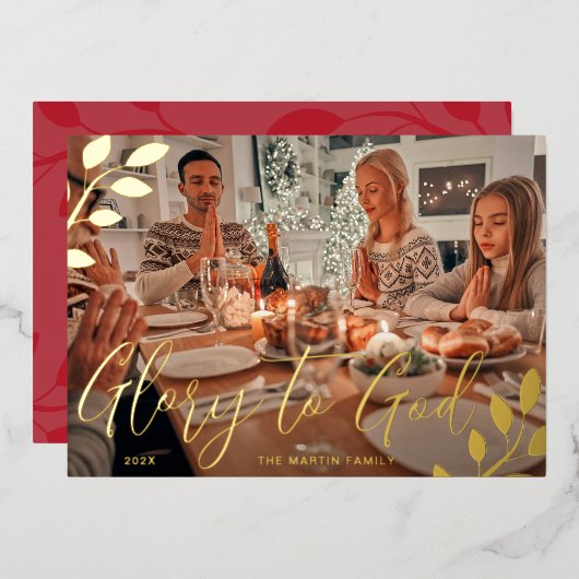 Eer aan God Rood Botanisch Kerst Foto Folie Feestdagenkaart (Voorkant / Achterkant)
