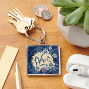 Eer Inspirerend Hart Bloemen  Blauw Sleutelhanger