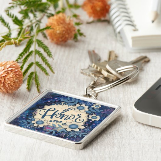 Eer Inspirerend Hart Bloemen Blauw Sleutelhanger (Zijkant)