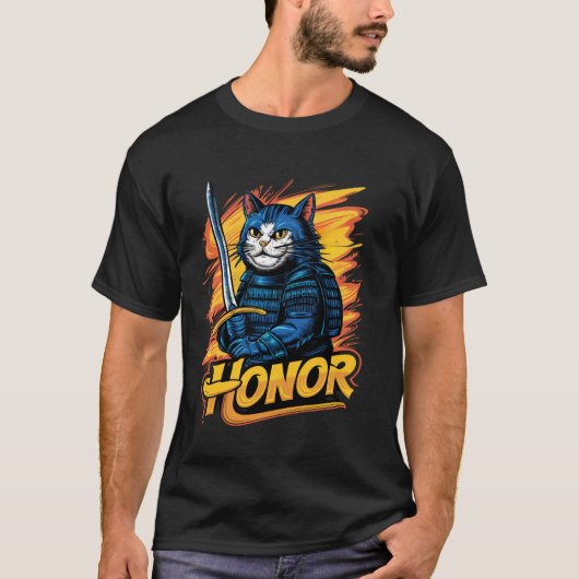 Eer Samurai Kat Grafisch T-shirt (Voorkant)