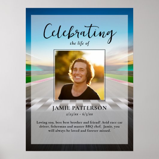 Eerbetoon voor coureur, foto van de begrafenis poster (Voorkant)