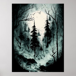 Eerie Black and White Ink Forest Poster