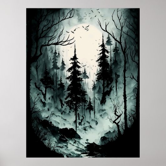 Eerie Black and White Ink Forest Poster (Voorkant)