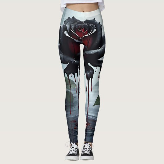 Eerie black rose white  leggings (Voorkant)