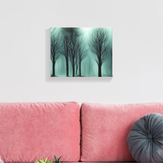 Eerie Enchantment: maanlicht in een mistig bos Canvas Afdruk (Insitu (Woonkamer))