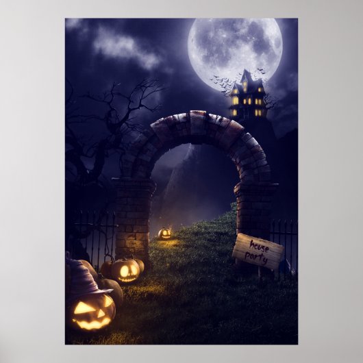 Eerie Halloween Night Full Moon & Haunted House | Poster (Voorkant)