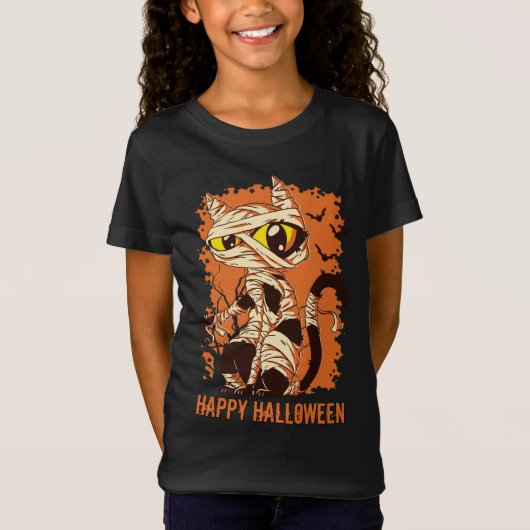 Eerie Mummy Cat Happy Halloween T-shirt (Voorkant)