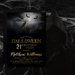 Eerie Owl Bats Night Halloween 21st Birthday Party Folie Uitnodiging<br><div class="desc">Spooky moonlit nacht backlighting een uil op een boom omringd door het opwarmen van de 21ste uitnodiging van de Birthday Party. Kies uit drie verschillende soorten echte folie: zilver,  goud en roos goud (hier in gouden folie getoond).</div>