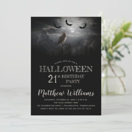 Eerie Owl Bats Night Halloween 21st Birthday Party Kaart (Staand voorkant)