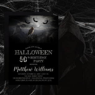Eerie Owl Bats Night Halloween 50th Birthday Party Kaart