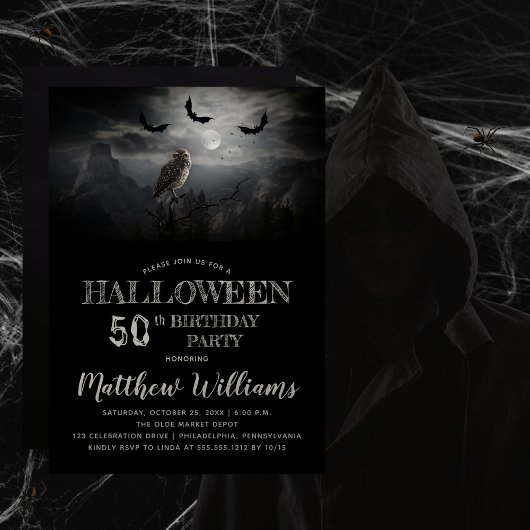 Eerie Owl Bats Night Halloween 50th Birthday Party Kaart