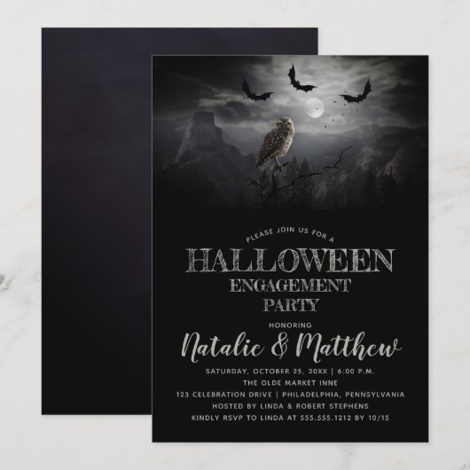 Eerie Owl | Bats Night Halloween Engagement Party Kaart (Voorkant / Achterkant)