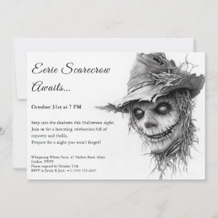 Eerie Scarecrow Halloween Uitnodiging Zwart & Wit