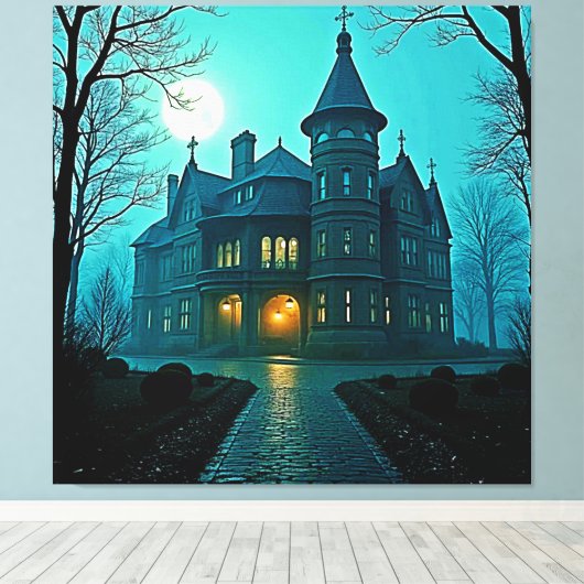 Eerie Victoriaans Mansion Moonlight Canvas Afdruk (Insitu (Houten vloer))