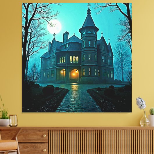 Eerie Victoriaans Mansion Moonlight Canvas Afdruk (Insitu (Woonkamer))