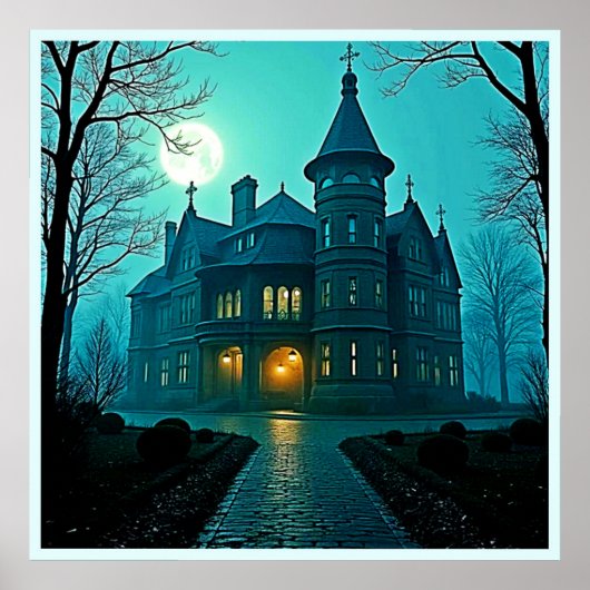 Eerie Victoriaans Mansion Moonlight Poster (Voorkant)