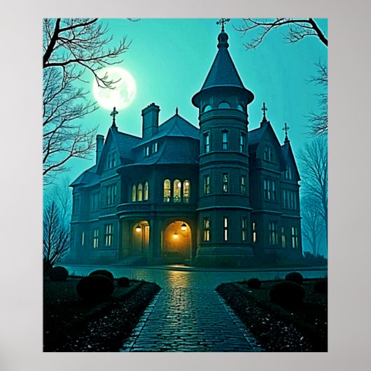 Eerie Victoriaans Mansion Moonlight Poster (Voorkant)