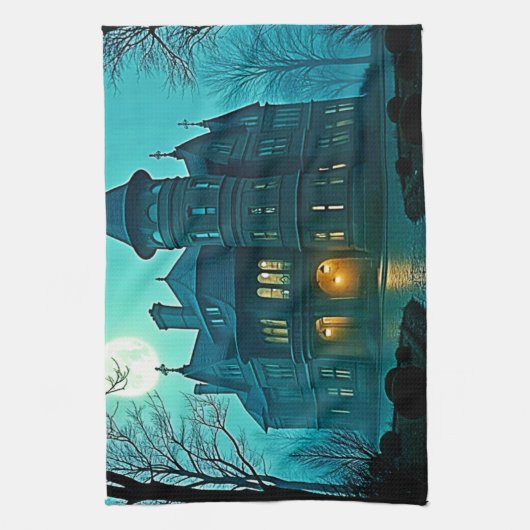 Eerie Victoriaans Mansion Moonlight Theedoek (Verticaal)