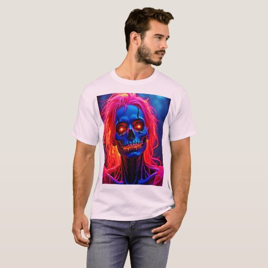 Eerlijk skelet met roze haarontwerp t-shirt (Voorkant volledig)