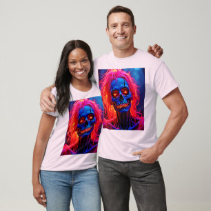 Eerlijk skelet met roze haarontwerp t-shirt