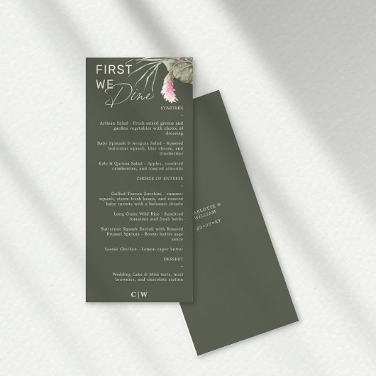 Eerst dineren we donkergroene tropische bruiloft m menu