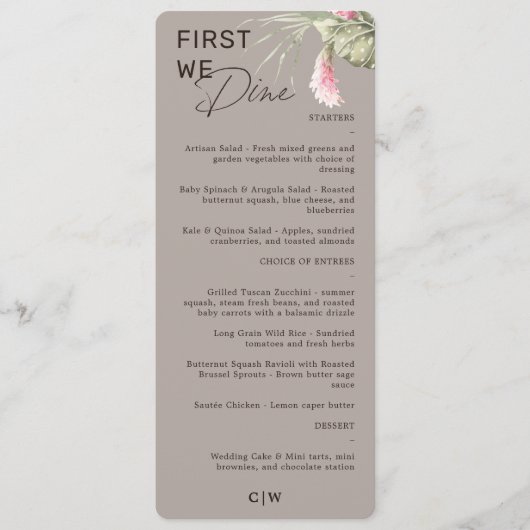 Eerst dineren we Taupe Tropical Floral Wedding Men Menu (Voorkant)
