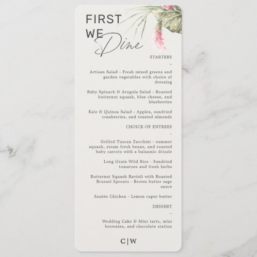 Eerst dineren we tropische bloemen bruiloft menu