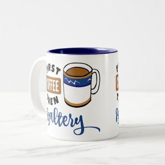 Eerst koffie en daarna muziek in de saltery tweekleurige koffiemok (Voorkant links)