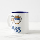 Eerst koffie en daarna pas je muziek op tweekleurige koffiemok (Voorkant links)